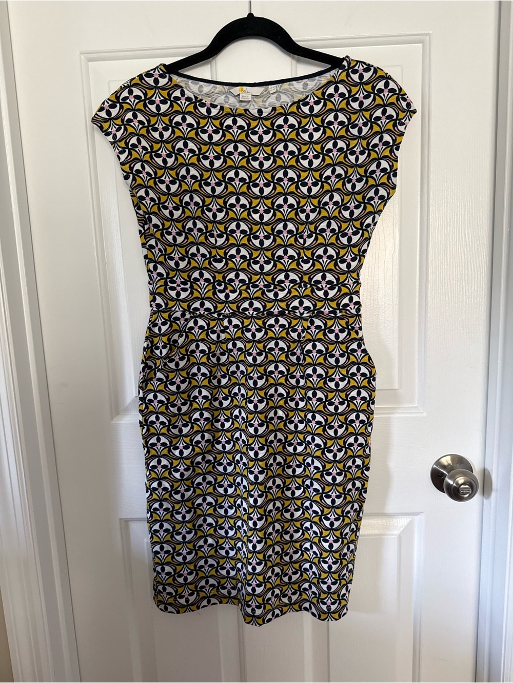 Boden Florrie Geometric Print Cotton Jersey Dress Pockets Yellow Pink US 4P